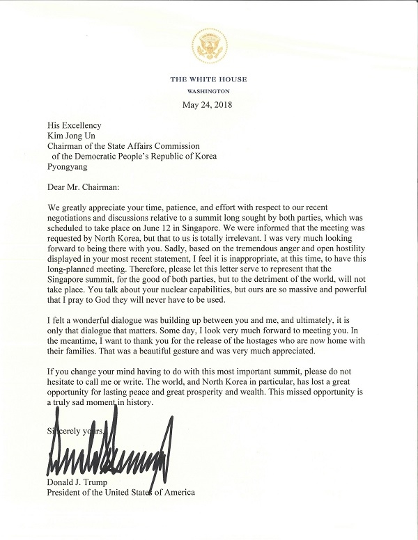 트럼프 대통령이 김정은 국무위원장에 보낸 서한, 츨처 백악관