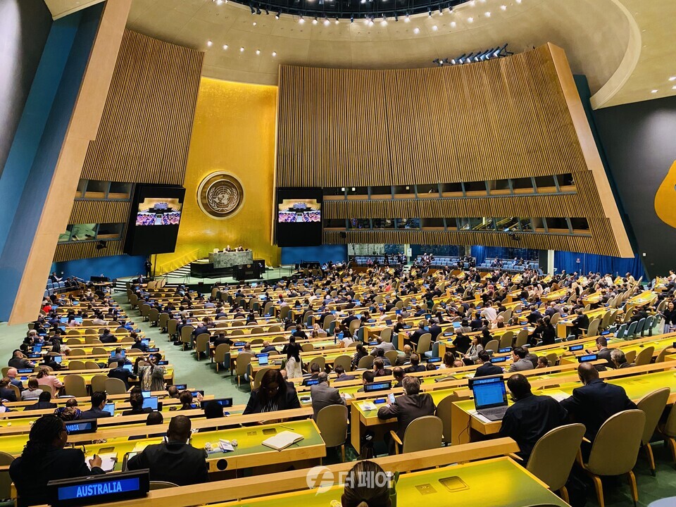 지난 6일, 안보리 비상임이사국 선거를 앞둔 뉴욕 유엔 본부 총회 회의장의 모습. / 사진=연합뉴스