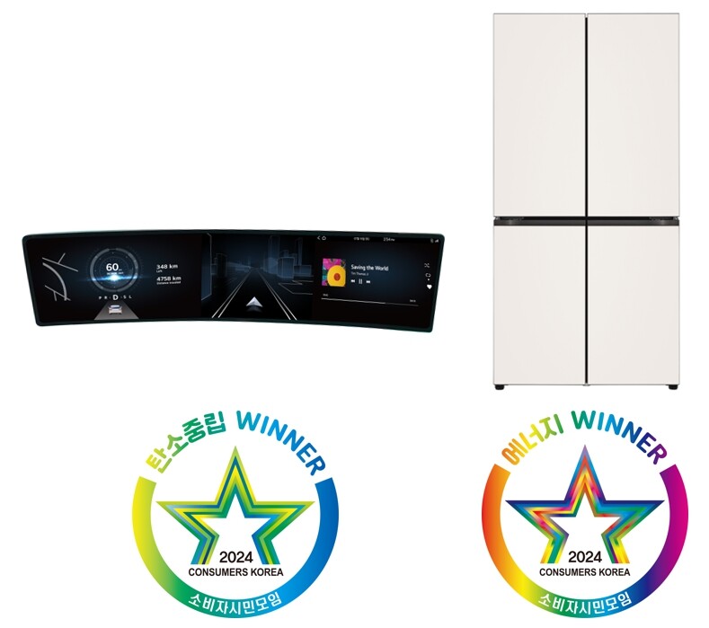 LG전자가 ‘올해의 에너지위너상’에서 에너지대상과 탄소중립대상을 모두 휩쓸며 차별화된 에너지 효율과 환경을 생각하는 앞선 기술력을 인정받았다. 사진은 탄소중립대상과 산업통상자원부 장관상을 함께 수상해 최고상의 영예를 안은 차량용 디스플레이 컨셉 이미지(왼쪽)와 에너지 대상을 받은 LG 디오스 오브제컬렉션 상냉장 하냉동 냉장고. / 사진제공=LG전자