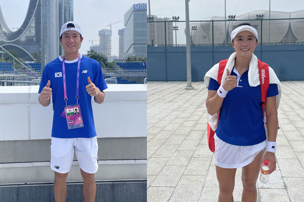 사진 2022 항저우 아시안게임 테니스 8강에 진출한 남자단식 홍성찬(왼쪽)과 여자단식 한나래, 대한테니스협회 