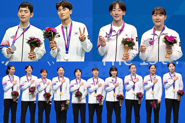 사진 2022 항저우 아시안게임 배드민턴 경기에서 남자복식 은메달, 여자복식 은메달, 여자단체전 금메달(시계방향)을 획득한 선수들, 아시아배드민턴연맹