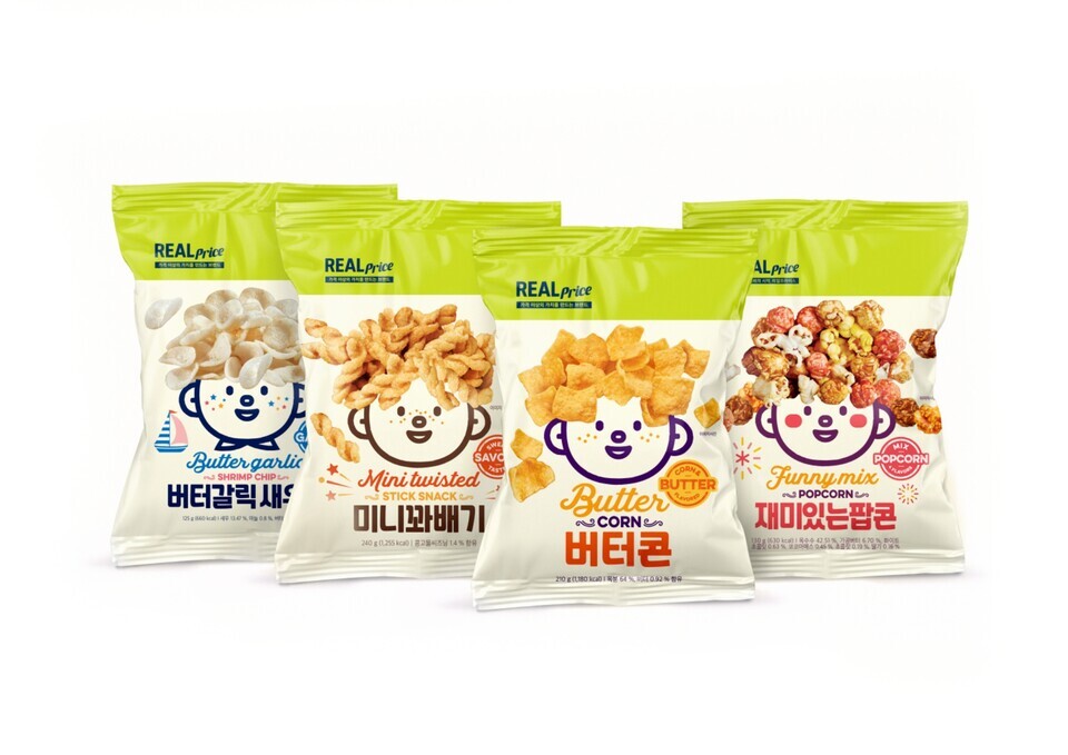 리얼프라이스 스낵 제품 4종(▲버터갈릭새우칩 ▲미니꽈배기 ▲버터콘 ▲재미있는 팝콘) 이미지 / 사진제공=GS더프레시