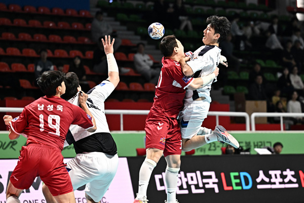 사진 신한 SOL페이 23-24 핸드볼 H리그 남자부 3차전에서 충남도청 선수들이 몸으로 공격을 막고 있다. 한국핸드볼연맹
