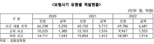 사진제공=금융감독원, 홍석준 의원실 / 보험사기 유형별 적발현황