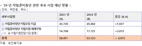 사진제공=보건복지부, 홍석준 의원실 / 24년 자립준비청년 관련 주요 사업 예산 현황