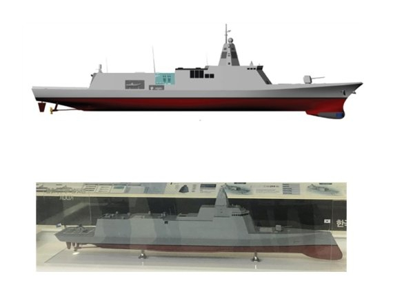 사진제공=서일준 의원실 / 대우조선해양이 KDDX 개념설계 결과물을 활용해 2013년 처음 제작한 모형(위쪽)과 2019년 국제해양방위산업전에서 현대중공업이 전시한 모형(아래쪽) 비교.