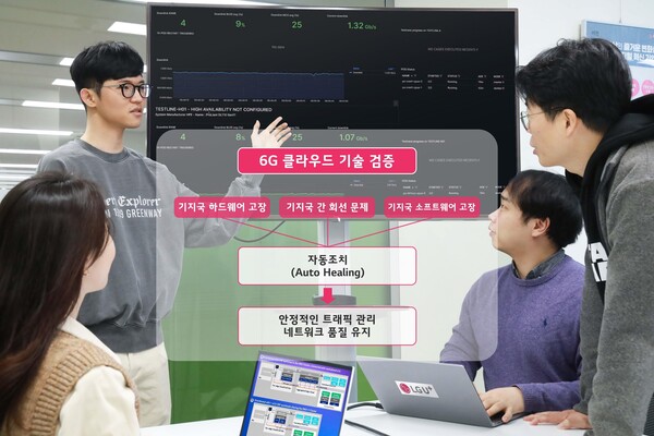 사진제공=LG유플러스 / LG유플러스 직원들이 6G 클라우드 기술 검증 결과를 확인하는 모습.