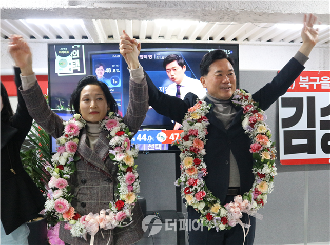 제22대 국회의원 선거에서 국민의힘 김승수 당선인(대구 북구을)이 당선을 확정짓고 기뻐하고 있다. / 사진제공=김승수 당선인 선거캠프