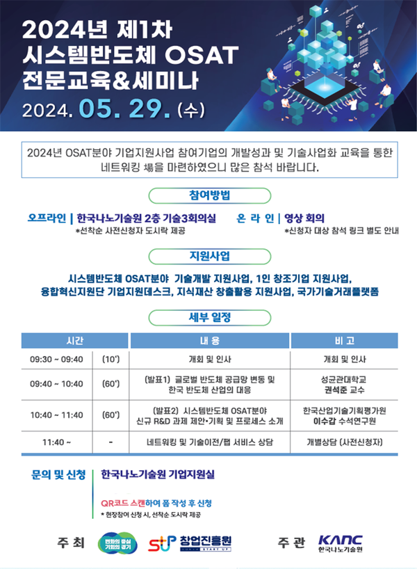 한국나노기술원이 ‘2024년 제1차 시스템반도체 OSAT 전문교육·세미나’를 온·오프라인으로 개최한다.