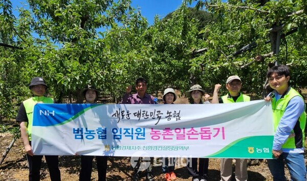 사진제공=농협 / 지난 14일 경기도 가평군 소재 사과 농가에서 농협경제지주 친환경컨설팅방역부 임직원들이 일손돕기 후 기념촬영을 하는 모습