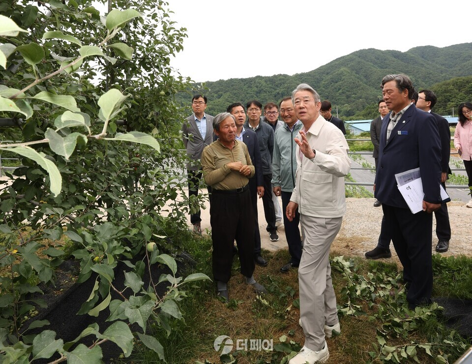 농협중앙회 강호동 회장이 경남 거창 사과 재배농가를 찾아 현장 점검을 하고 있다. / 사진제공=농협중앙회