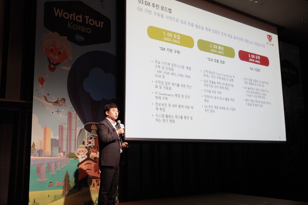 TYM DX사업본부 김대용 CDO가 6월 18일 코엑스에서 열린 ‘세일즈포스 월드투어 코리아 2024’에 연사로 참석해 사례 발표를 하고 있다. / 사진제공=TYM