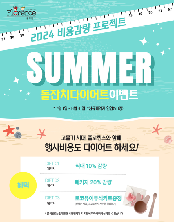 플로렌스파티하우스가 ‘2024 돌잔치비용 다이어트’을 주제로 7, 8월 돌잔치 특별 여름 프로모션 진행한다. 이미지=플로렌스 제공