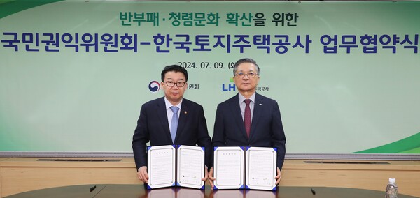 한국토지주택공사(LH)는 국민권익위원회(이하 권익위)와 反부패·청렴문화 확산을 위한 업무협약을 체결했다고 9일 밝혔다.