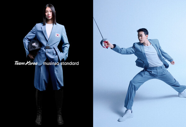 무신사 스탠다드가 제작한 ‘제33회 파리 하계올림픽대회’ 대한민국 국가대표팀 개·폐회식 단복을 입은 근대5종 종목의 김선우 선수(왼쪽)와 펜싱 종목의 도경동 선수 / 사진=무신사