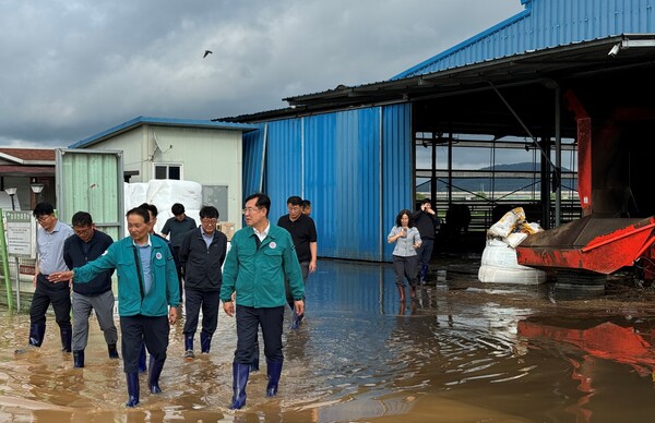 지난 10일 전북 익산의 침수 피해 축산 농가를 찾은 안병우 농협 축산경제대표이사(사진 앞쪽 오른쪽)가 피해현장을 점검하고 있다 / 사진=농협