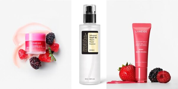 (왼쪽부터) 라네즈 립 슬리핑 마스크, 코스알엑스 스네일 에센스, 라네즈 립 글로이 밤. 사진=아모레퍼시픽