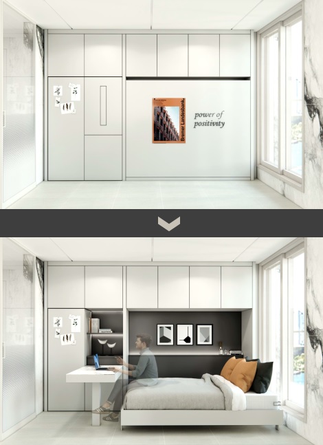 거실 월플렉스 이동 후, 벽면에 매립된 1인용 책상과 퀸사이즈 침대를 펼쳐 홈오피스 및 게스트룸으로 활용 가능하다. 사진=현대건설