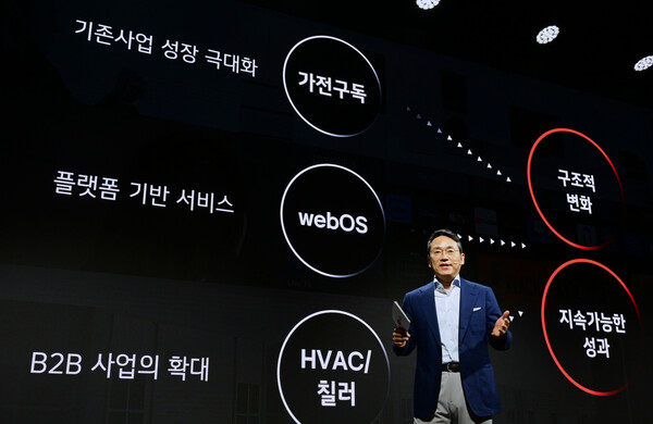 21일 서울 마곡 LG사이언스파크에서 열린 LG전자 인베스터 포럼(Investor Forum)에서 LG전자 조주완 CEO가 사업 포트폴리오 혁신 전략에 대해서 설명하고 있다. / 사진=LG전자