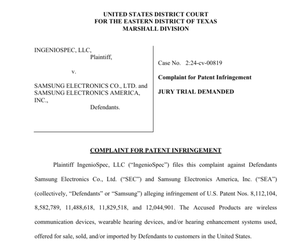  INGENIOSPEC(인제니오스펙)이 삼성전자와 삼성전자미국법인을 상대로 소송을 하고 있다. 사진= INGENIOSPEC 소장 