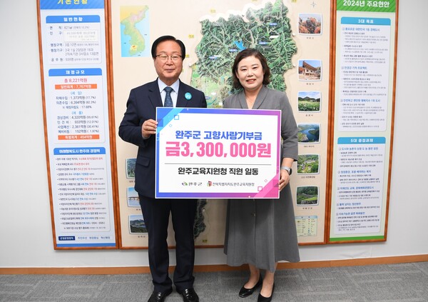 고향사랑기부금 기탁식 유희태 군수(왼쪽) 김난희 교육장/ 사진=완주군