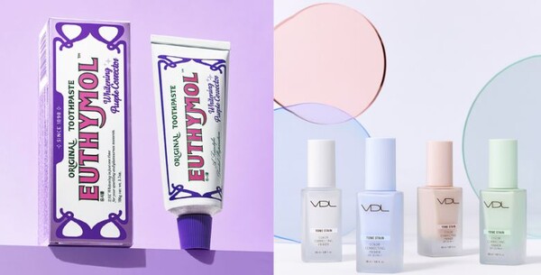 유시몰 화이트닝 퍼플코렉터 치약(좌) / VDL 톤스테인 컬러 코렉팅 프라이머(우)