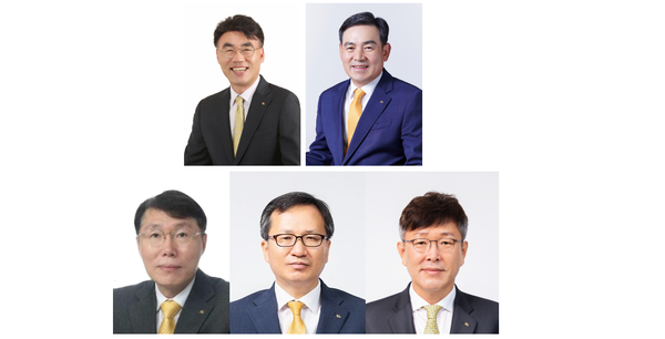 KB금융지주 계열사 대표이사 후보. 이홍구 KB증권 대표이사(왼쪽 위), 김성현 KB증권 대표이사(오른쪽 위),  (아랫줄 왼쪽부터) 김재관 KB국민카드 대표이사 후보, 정문철 KB라이프생명 대표이사 후보, 박찬용 KB데이타시스템대표이사 후보. 사진=KB금융지주