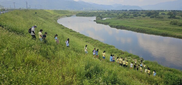옥과초 학생들이 섬진강 일원에서 생태 환경 탐방 활동을 하고 있다 / 사진 = 전남교육청