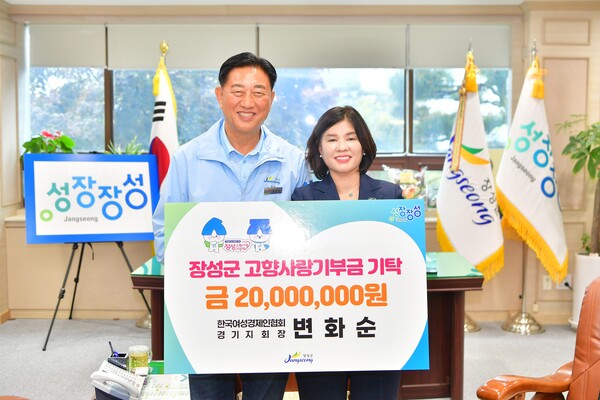 장성군 고향사랑기부 1호 최고액 기부자인 변화순 대표(우), 김한종 군수 / 사진 = 장성군