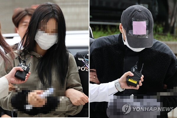 축구 국가대표팀 주장 손흥민의 아이를 임신했다고 주장하며 손씨에게 돈을 뜯어내려 한 20대 여성 양모씨(왼쪽)와 40대 남성 용모씨가 17일 영장실질심사를 받기 위해 서울중앙지법에 들어서고 있다 / 사진=연합뉴스