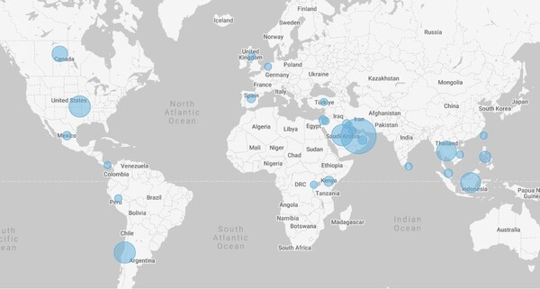 지니언스는 미국을 비롯해 유럽, 중동, 동남아 등 전세계에 보안 솔루션을 공급하고 있다. (지니언스 글로벌 고객 분포도). 자료=지니언스