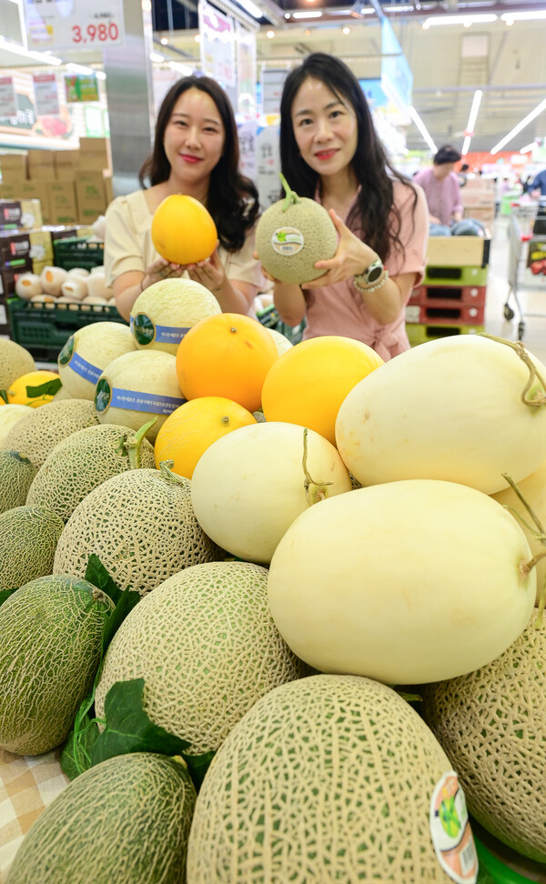 6월 17일 서울 서초구 하나로마트 양재점에서 모델들이 다양한 멜론을 선보이고 있다. / 사진=농협유통
