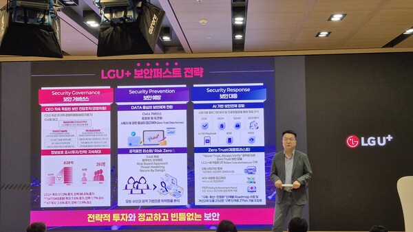 홍관희 LG유플러스 정보보호센터장이 보안퍼스트 전략을 안내하고 있다. 사진=백상일 기자