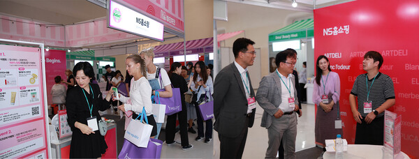 (왼쪽)NS홈쇼핑 홍보부스에서 관람객들이 줄을 서 이벤트에 참여하고 있다. (오른쪽)NS홈쇼핑 조항목 대표이사가 부스 현장에서 무료전시를 지원받은 협력사 관계자의 의견을 청취하고 있다. / 사진=NS홈쇼핑