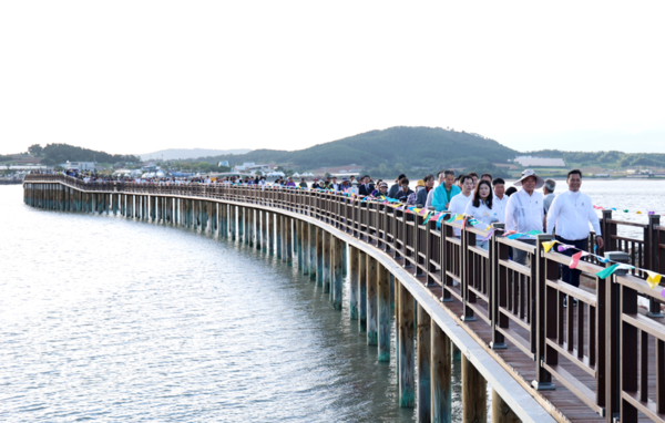 무안갯벌 탐방다리 걷기대회에서 다리를 따라 걷고 있는 주요 내빈과 참여자들 / 사진 = 무안군