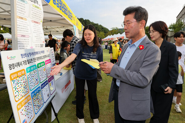 청년꿈터 홍보관을 둘러보는 정인화 시장 / 사진=광양시