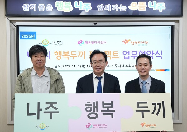 나주시는 6일 오후 시청 소회의실에서 행복나래㈜, 행복도시락사회적협동조합과 함께 ‘행복두끼 프로젝트’ 업무협약을 체결했다. 왼쪽부터 최준 행복도시락사회적협동조합 사무국장, 윤병태 나주시장, 조민영 행복나래㈜ 본부장 / 사진 = 나주시