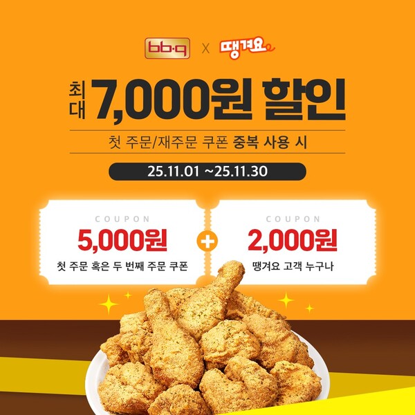 BBQ가 오는 30일까지 공공 배달 서비스 ‘땡겨요’를 통해 BBQ 메뉴 주문 시 첫 2회까지 최대 7,000원 할인을 제공하는 프로모션을 진행한다 / 사진=제너시스BBQ
